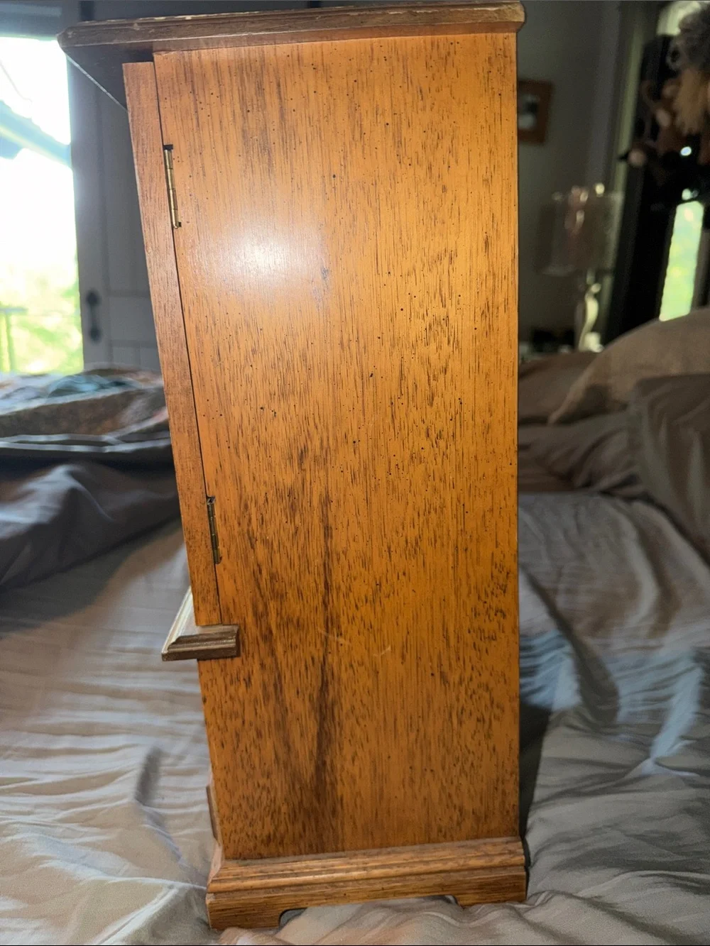 Vintage Wooden Jewelry Armoire with Floral glass carvings - Honey Brown